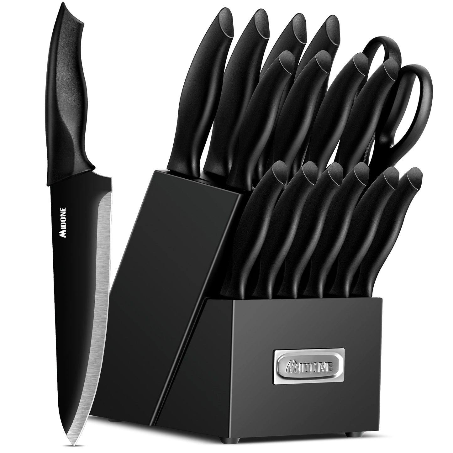 MIDONE Knife Set with Block, 17 Pieces Kitchen Knife Set with Built in Knife Sharpener Block, German Stainless Steel Knife Block Set, Elegant Black