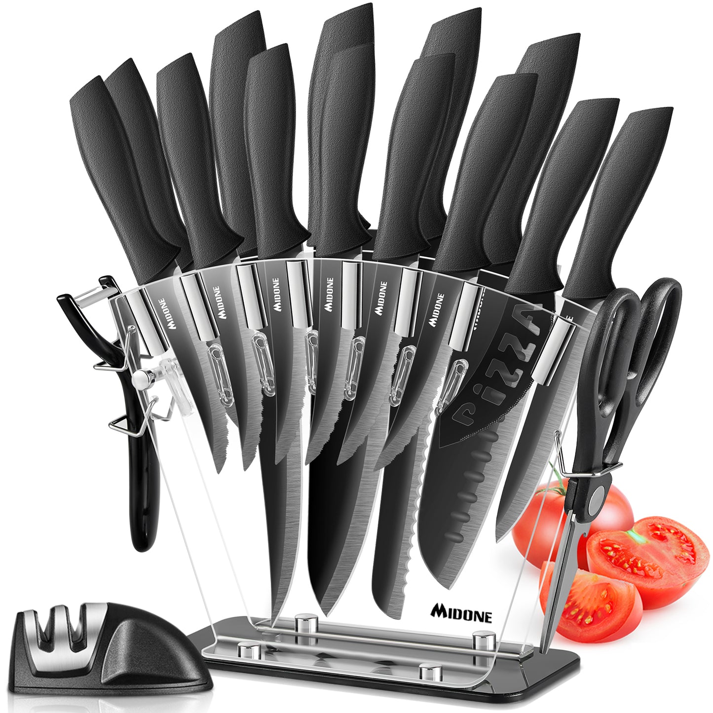 MIDONE Knife Set, 17 Pcs Stainless Steel Kitchen Knife Set, with Sharpener & Acrylic Stand, Black