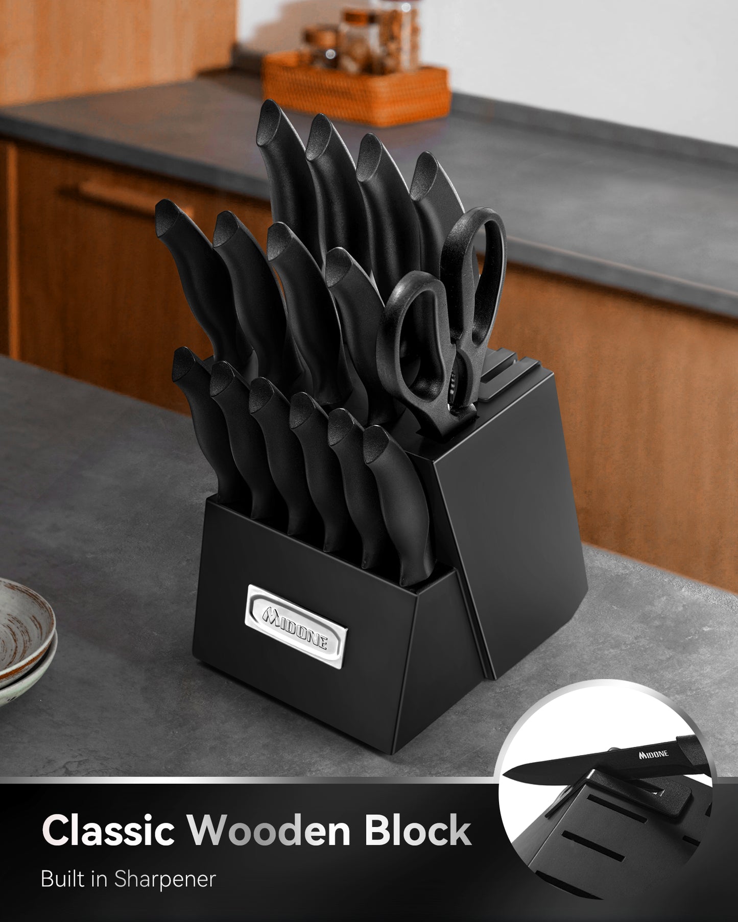 MIDONE Knife Set with Block, 17 Pieces Kitchen Knife Set with Built in Knife Sharpener Block, German Stainless Steel Knife Block Set, Elegant Black