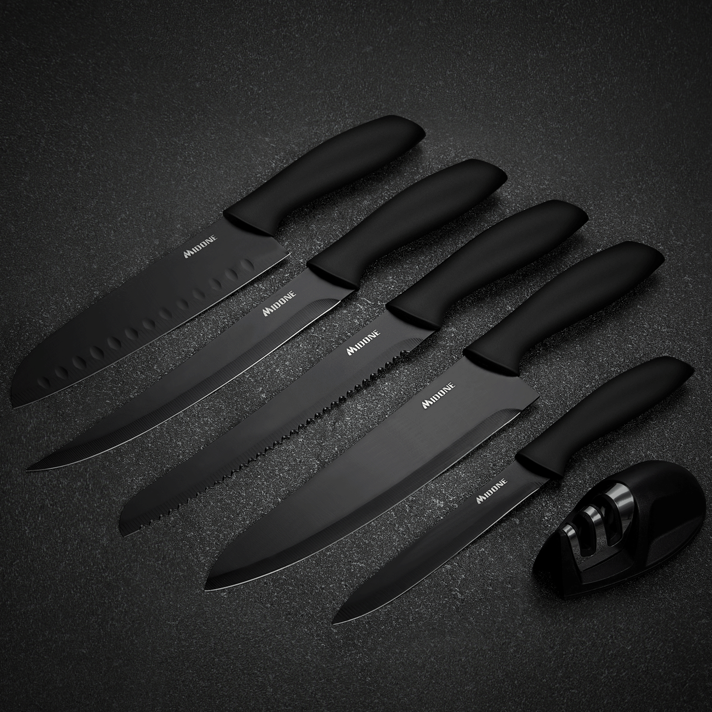 MIDONE Knife Set, 7 pcs German High Carbon Stainless Steel Kitchen Knife Set, with Sharpener & Acrylic Stand, Black