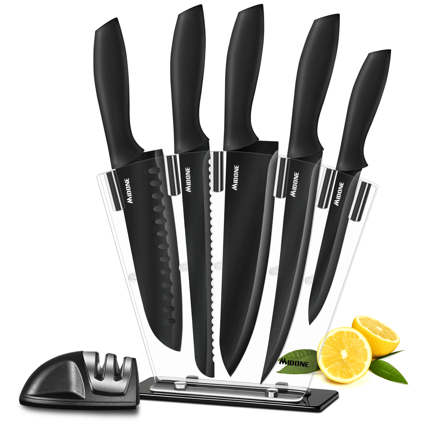 MIDONE Knife Set, 7 pcs German High Carbon Stainless Steel Kitchen Knife Set, with Sharpener & Acrylic Stand, Black
